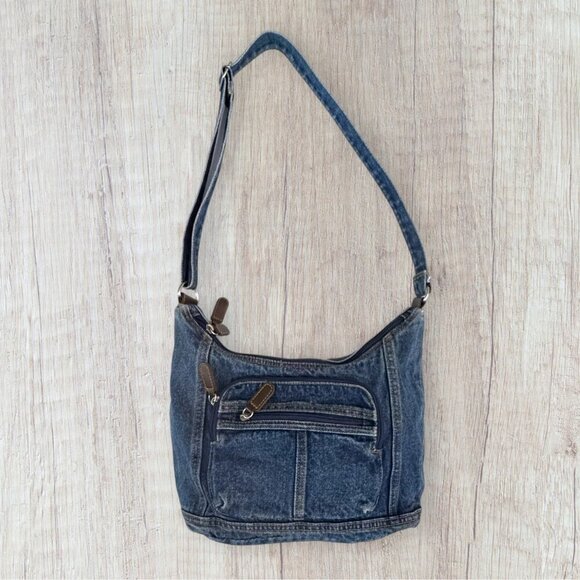 Vintage Y2K Denim Blue Jeans Fabric 2-Section Zip Adjustable Crossbody Purse Bag - Picture 1 of 5